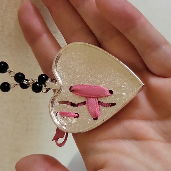 Metal Mirror Heart Necklace Pink ribbon black beads 15" 2004 Y2k Style - Picture 6 of 11